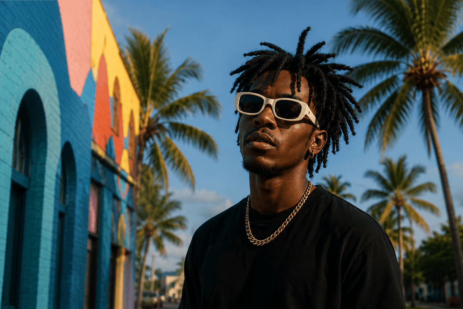 Caribbean creator in front of a colorful mural and palm trees